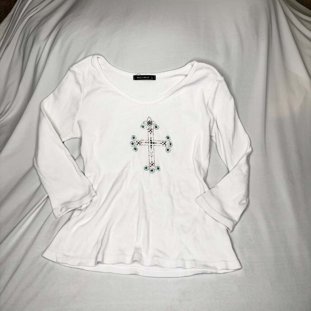 Nally & Millie Ribbed Rhinestone Cross Long Sleeve Top Y2K Fitted Stretch White